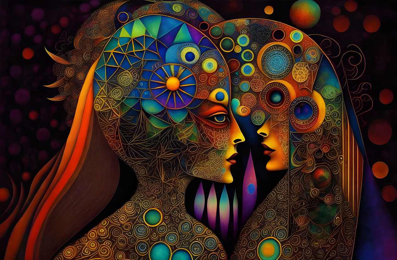 Digital artwork: Two stylized faces with intricate patterns on dark background