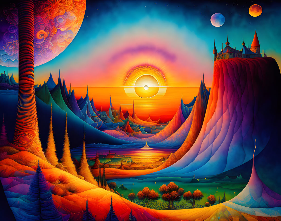 Surreal landscape with castle, eye, planets, and swirling pattern