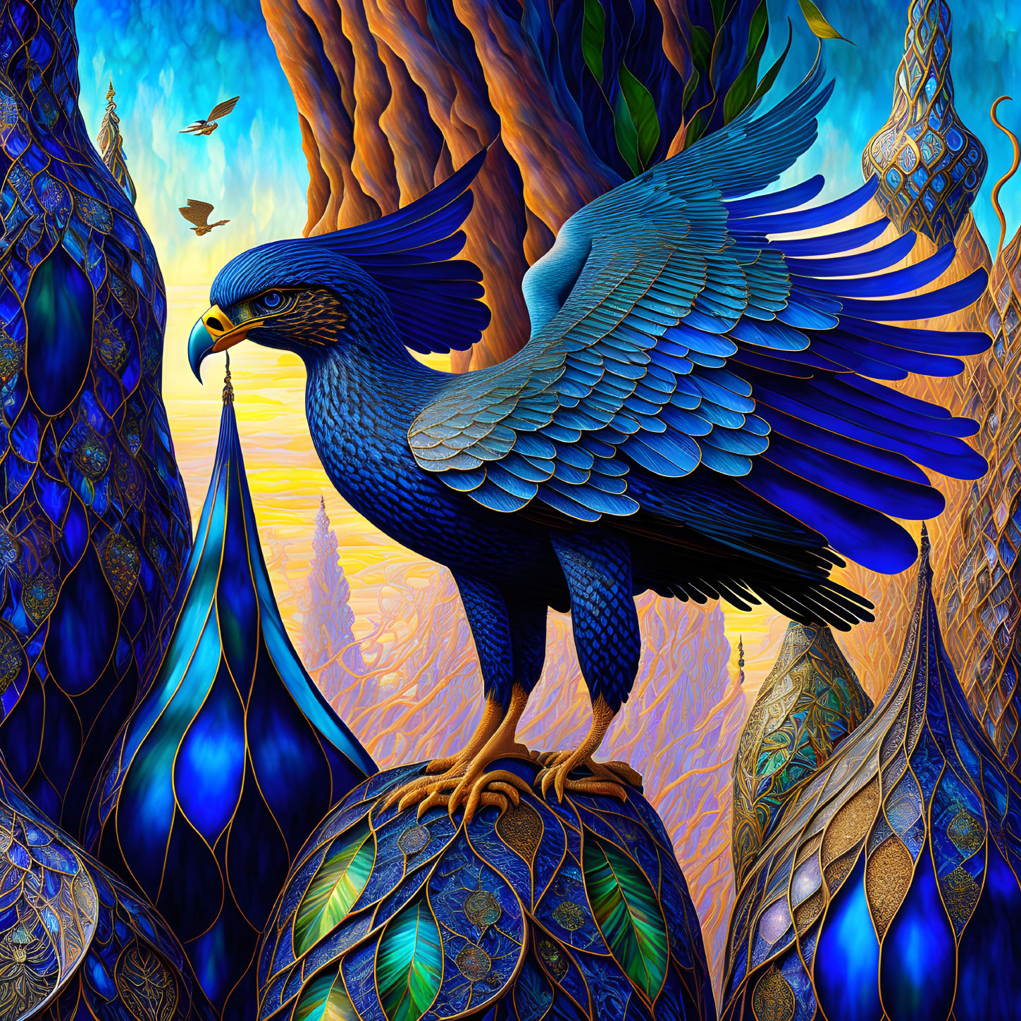 Colorful Eagle Perched on Ornate Sphere in Fantasy Landscape