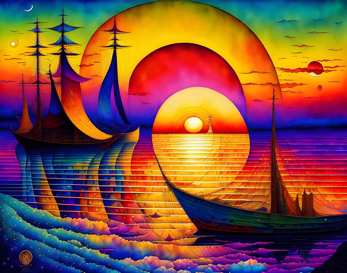 Colorful surreal seascape with ships, geometric waves, and circular sun motif.