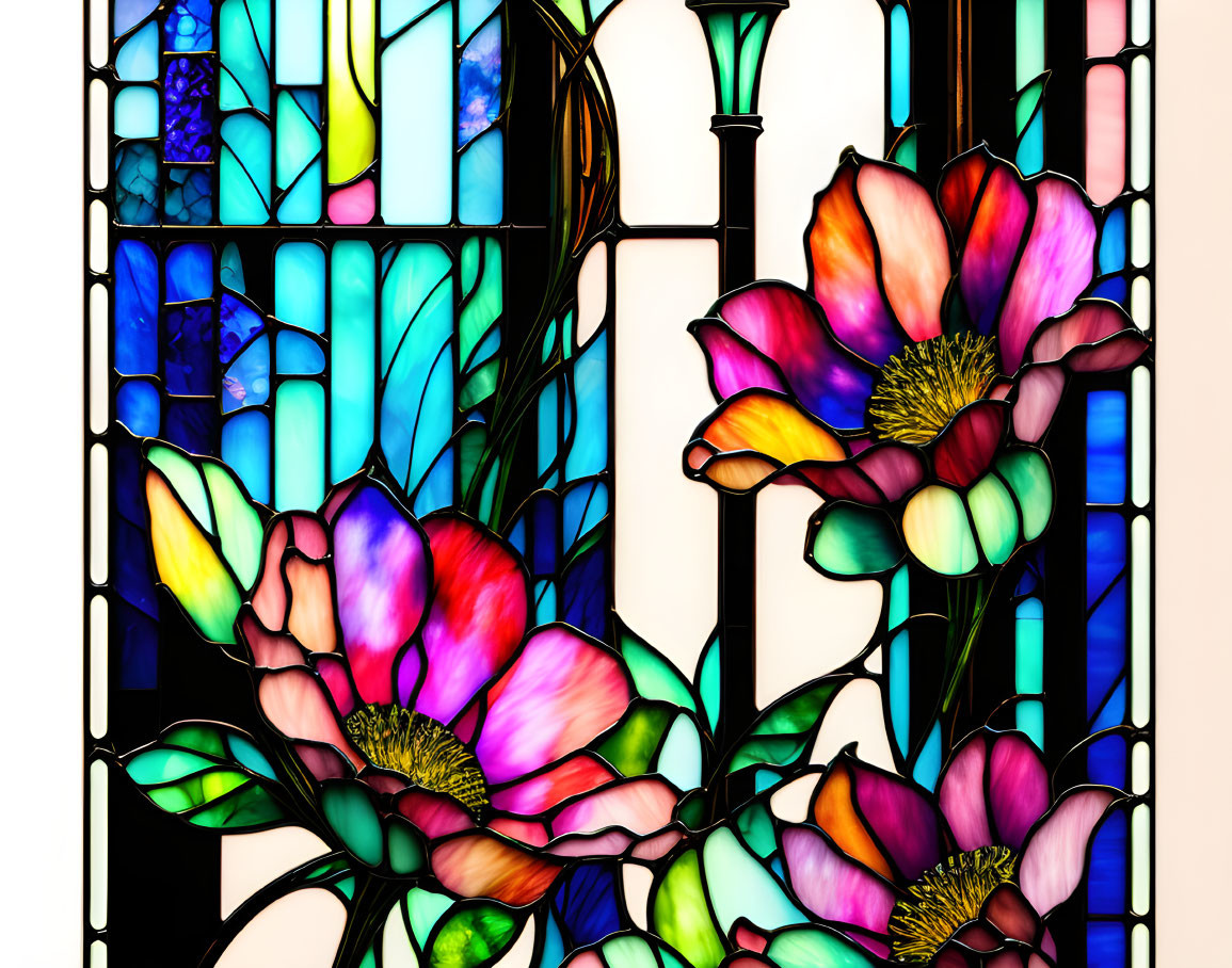 Colorful Floral Stained Glass Window on Sky Blue Background