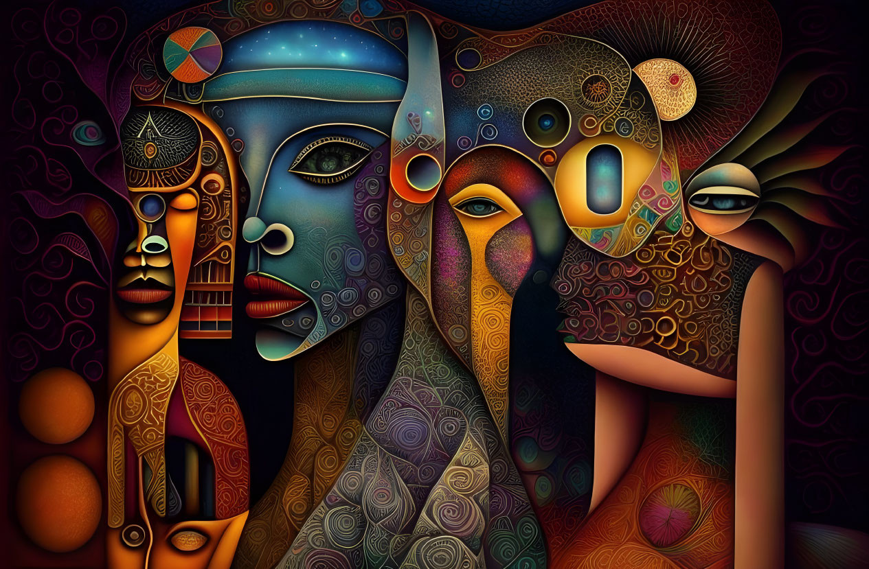 Colorful surreal digital painting with stylized faces and cosmic elements