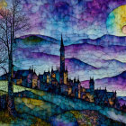 Colorful Stained-Glass Style Painting of Whimsical Landscape