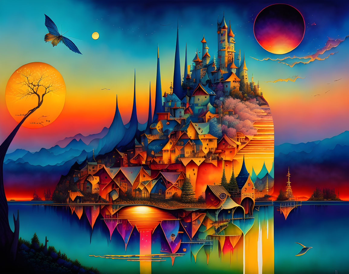 Colorful fantasy landscape with castle, lake, moons, and bird in sunset sky