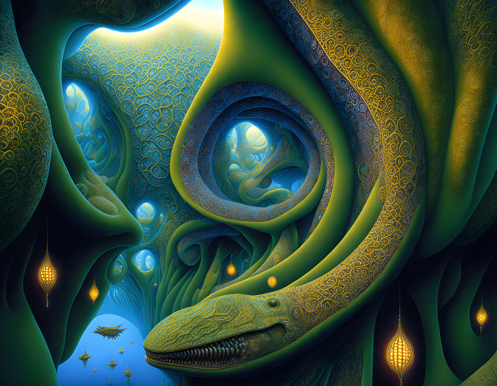 Surreal artwork: twisted shapes, reptilian creatures, glowing orbs