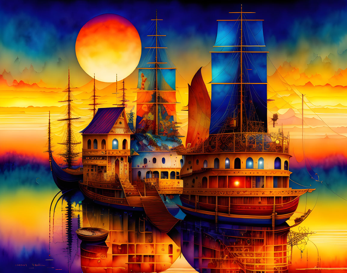 Colorful sail ships and castle in surreal sunset scene