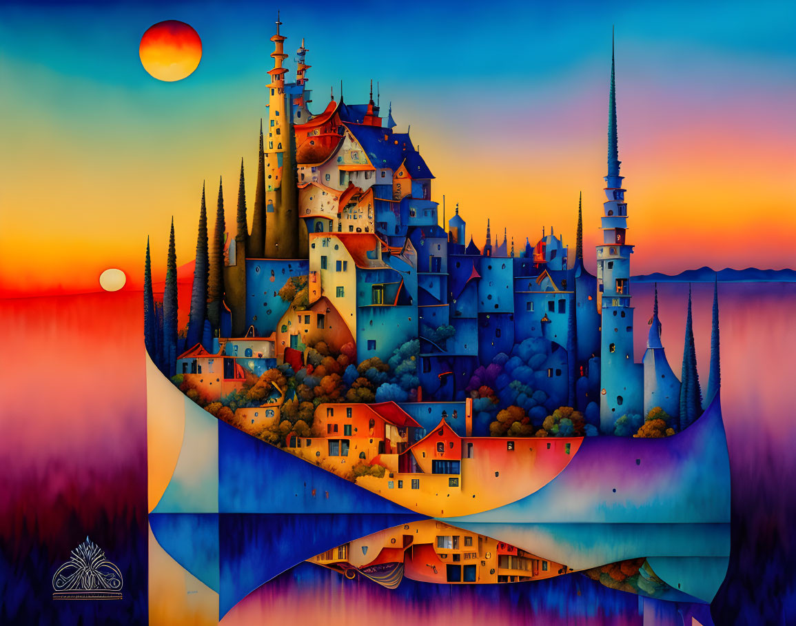 Fantastical castle with spires under dual moons at sunset