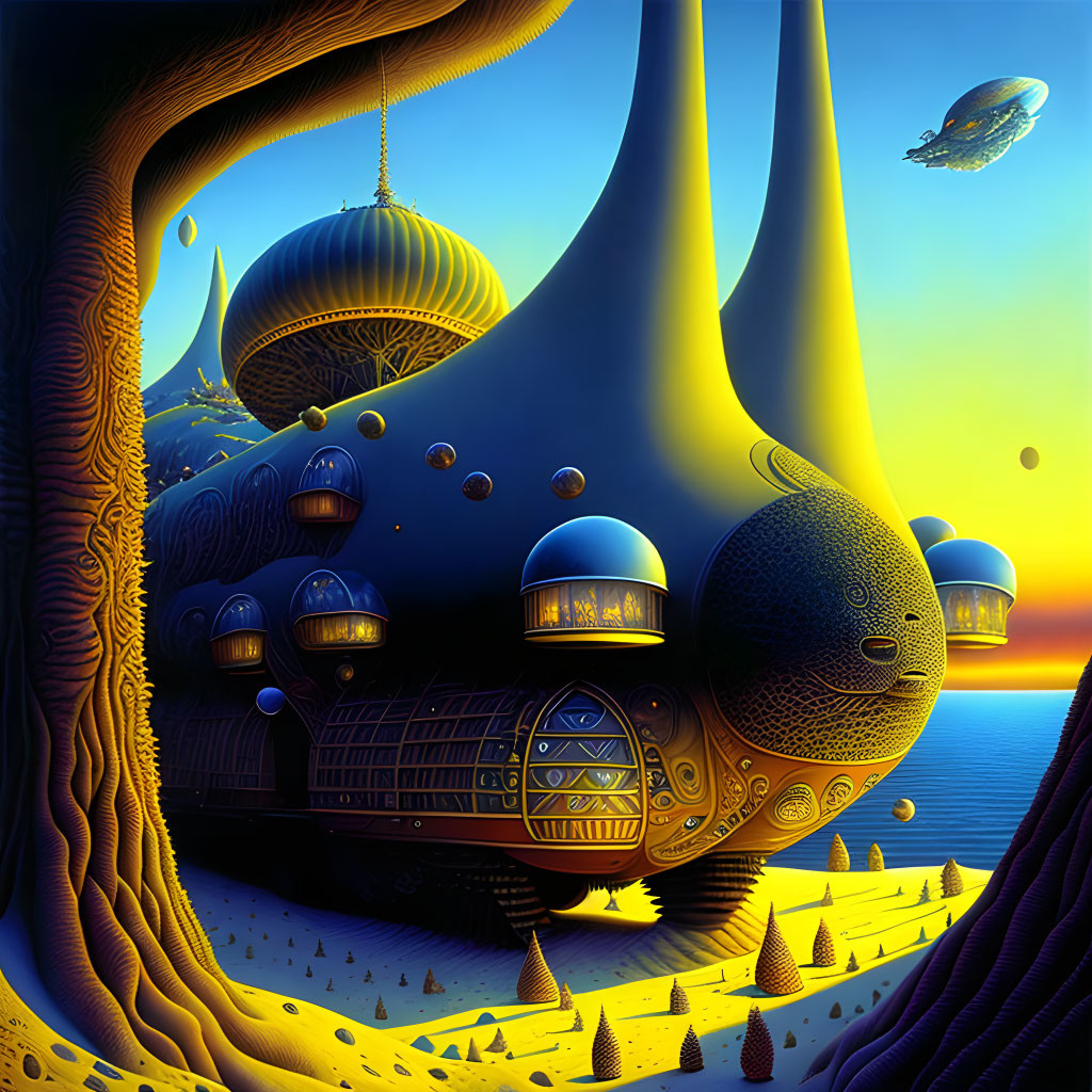 Vibrant landscape with elaborate tree-like structure and spherical habitats under golden sky