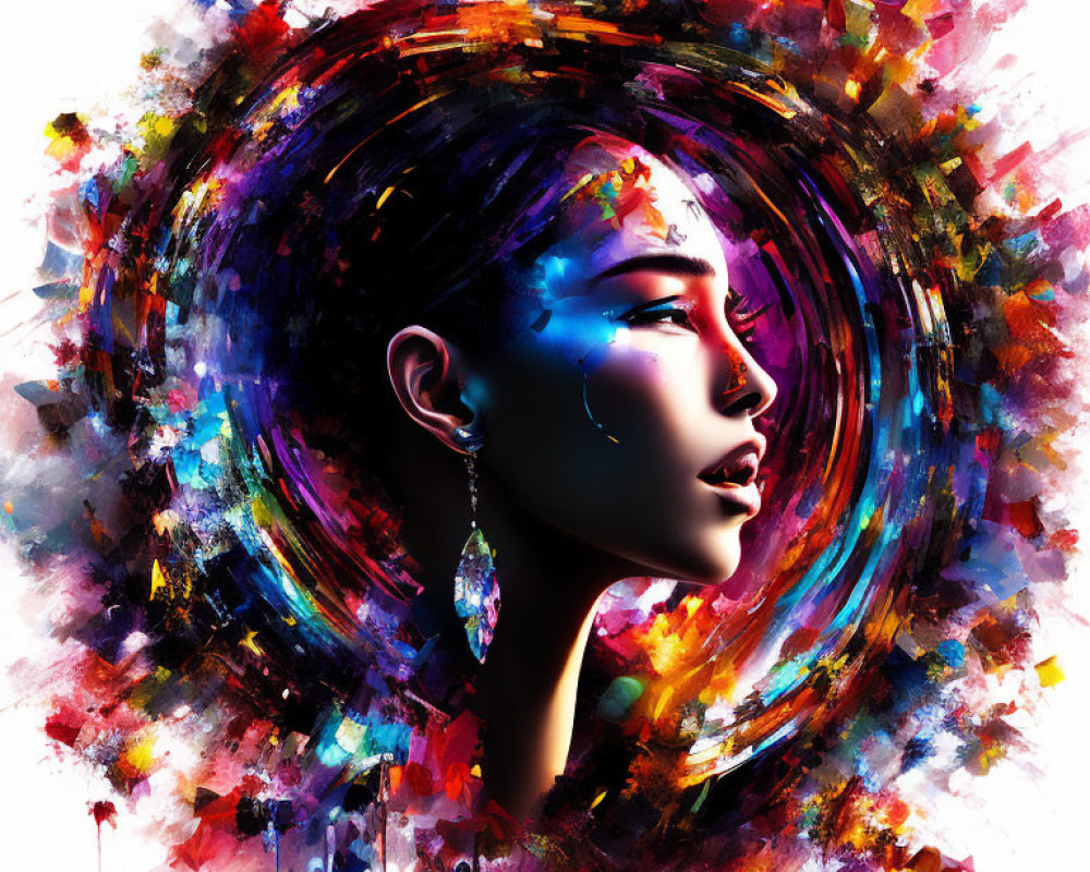 Colorful Abstract Digital Painting of Woman's Profile with Vibrant Splash of Colors