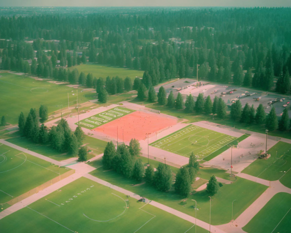 Sports complex with green fields, red track, parking, and trees in aerial view