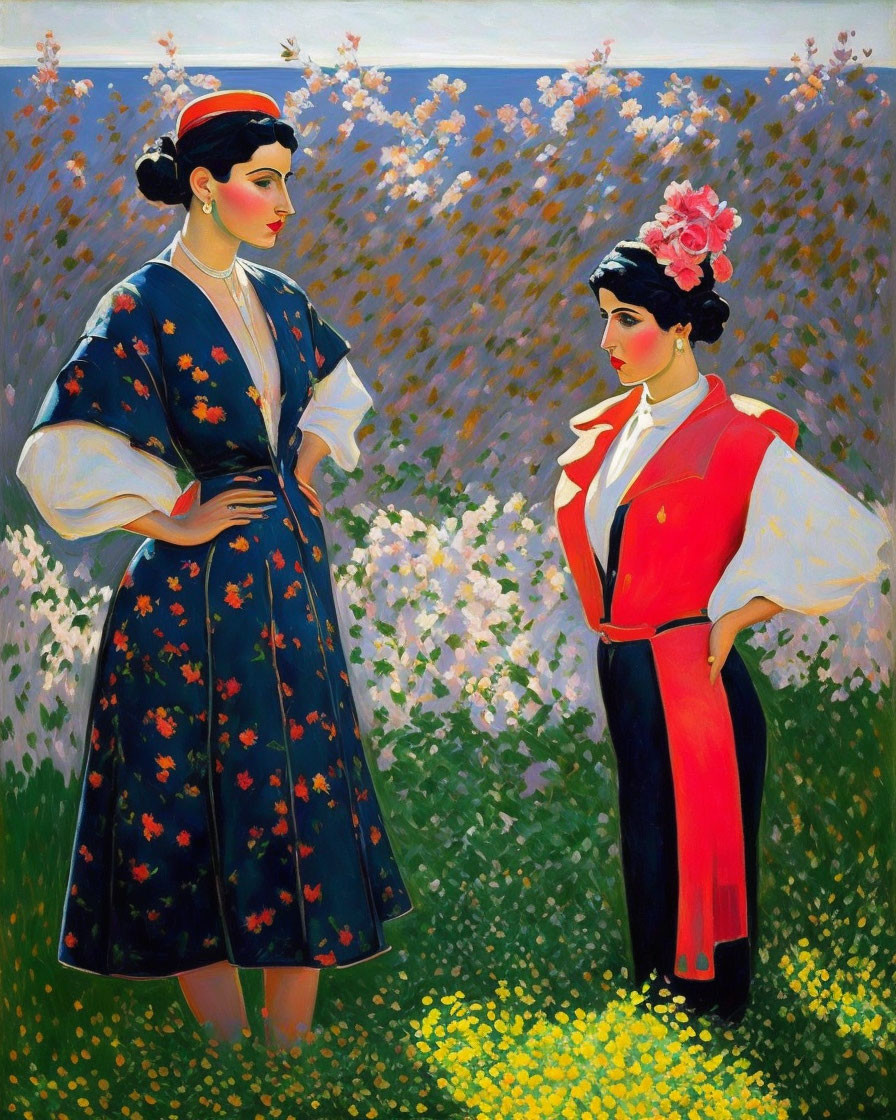 Traditional attire: Two women in floral dresses in field of flowers