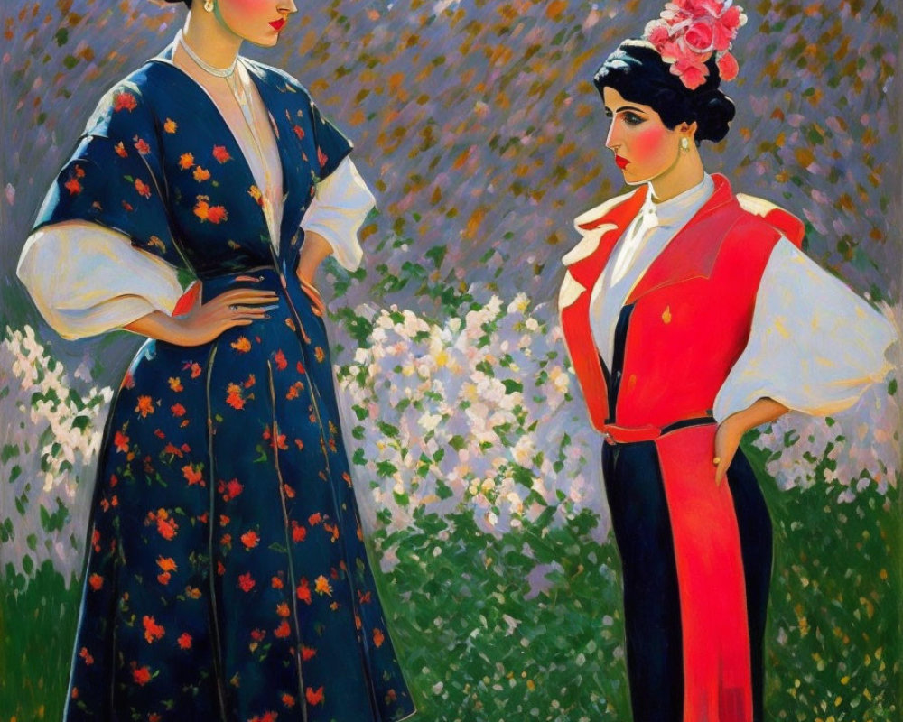 Traditional attire: Two women in floral dresses in field of flowers