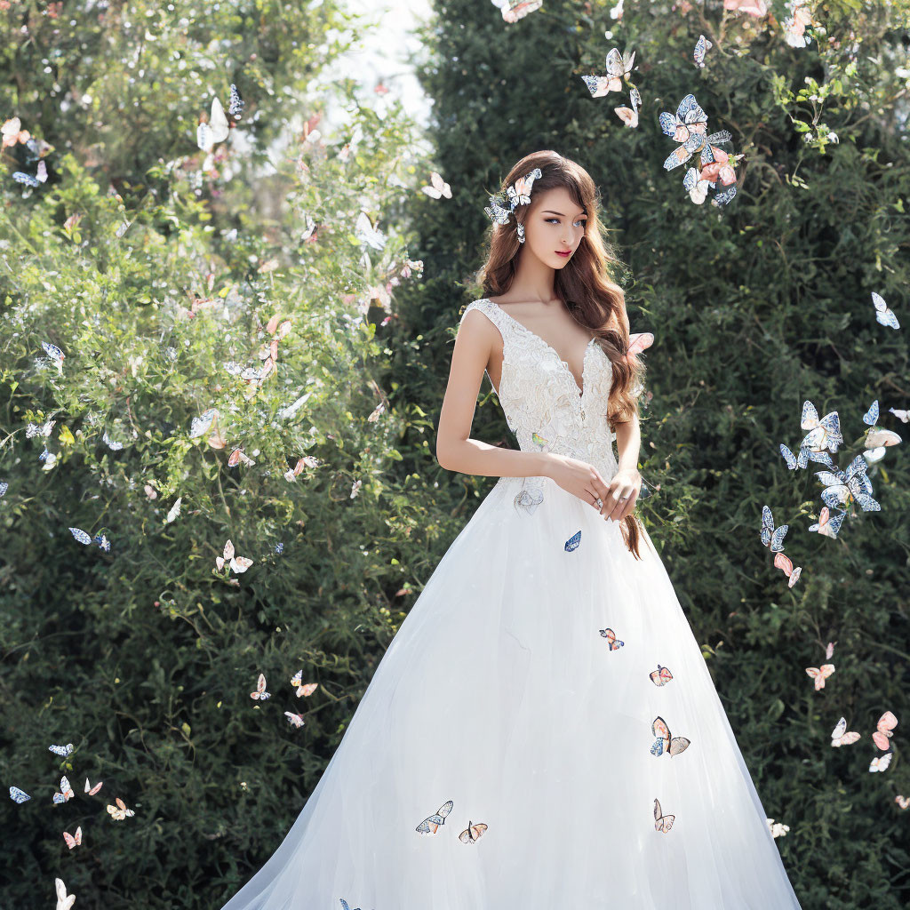 Bride in white gown surrounded by butterflies in lush greenery