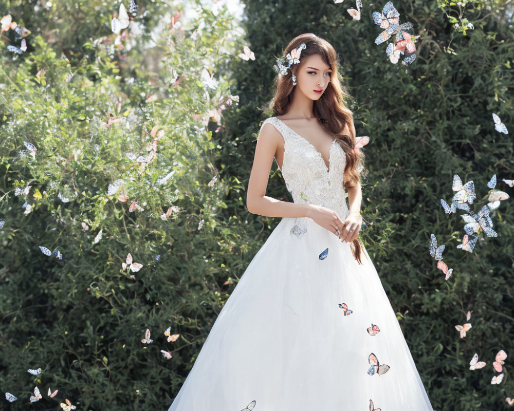 Bride in white gown surrounded by butterflies in lush greenery