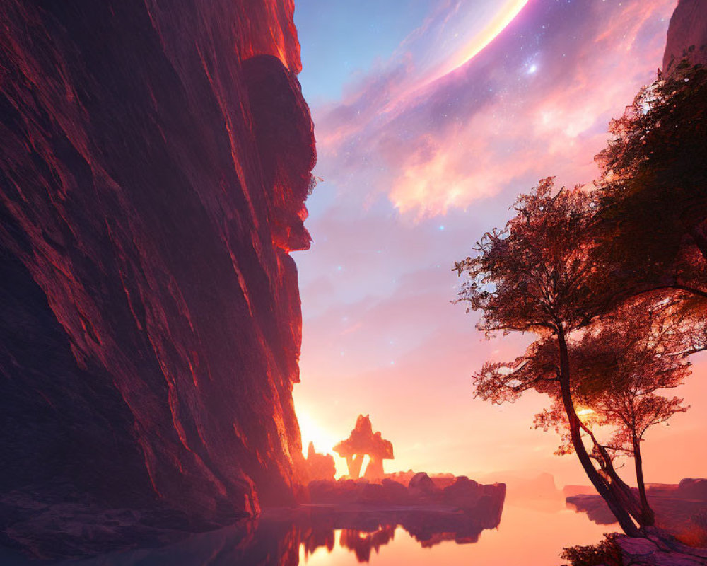 Tranquil sunset over reflective water and towering cliffs