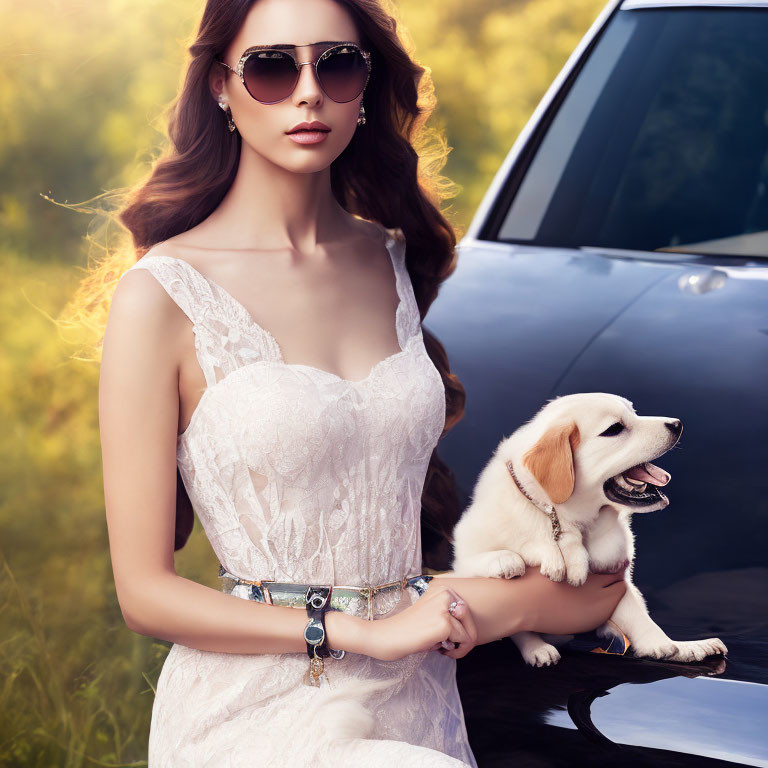 Woman in white dress poses with puppy next to car in sunny field