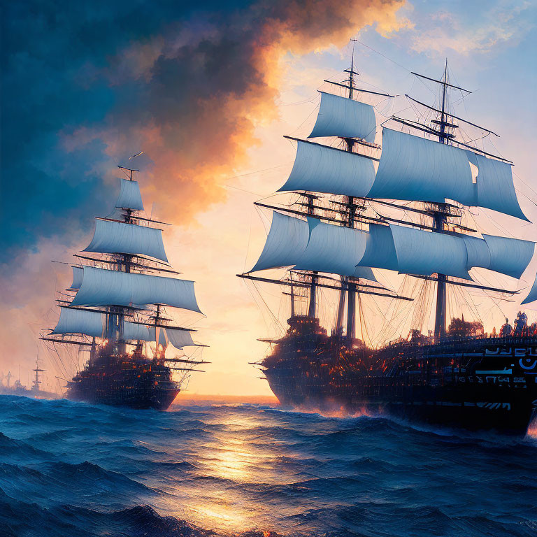 Majestic sailing ships on tumultuous ocean under dramatic sunset