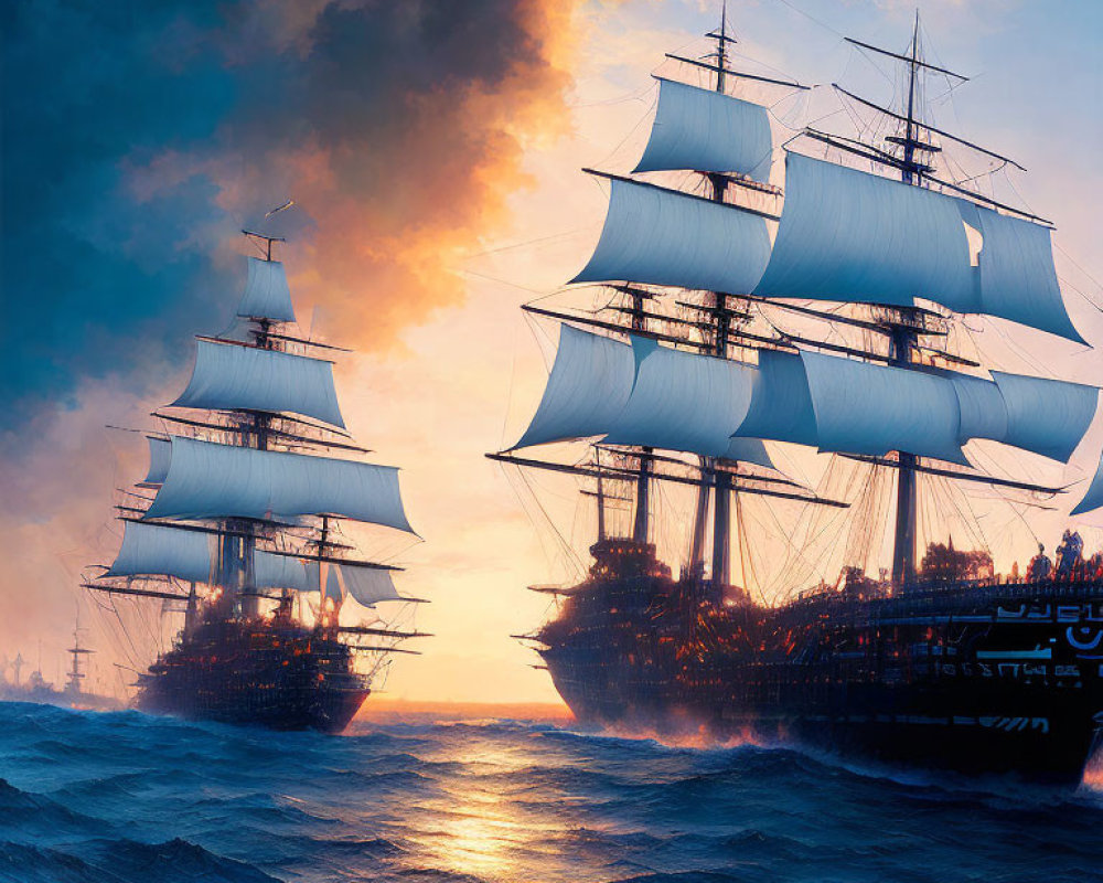 Majestic sailing ships on tumultuous ocean under dramatic sunset