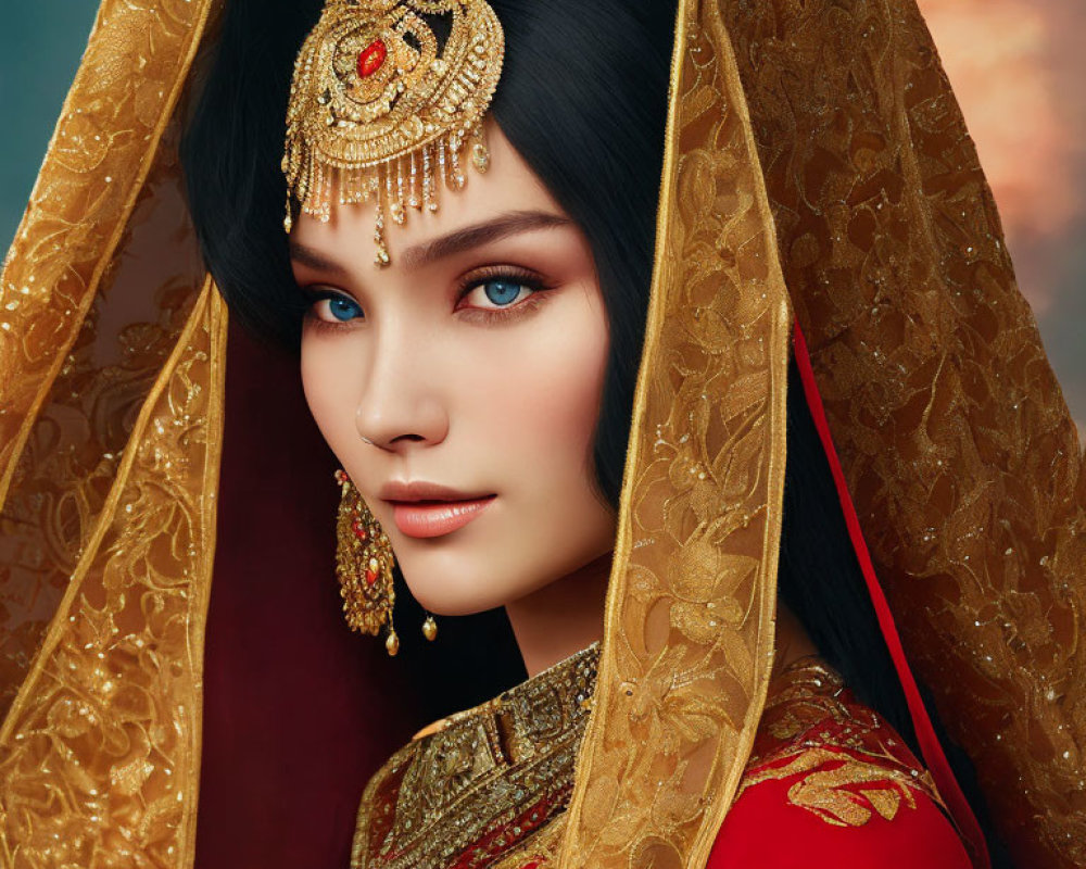 Traditional South Asian Bridal Attire with Striking Blue Eyes