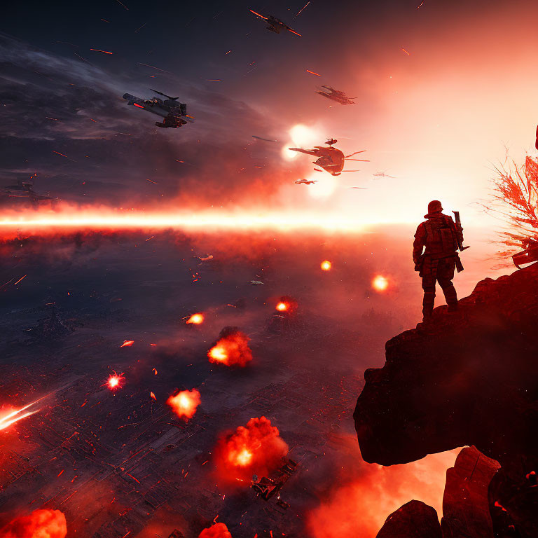 Soldier observing fiery battleground with explosions and spacecraft in dramatic sky