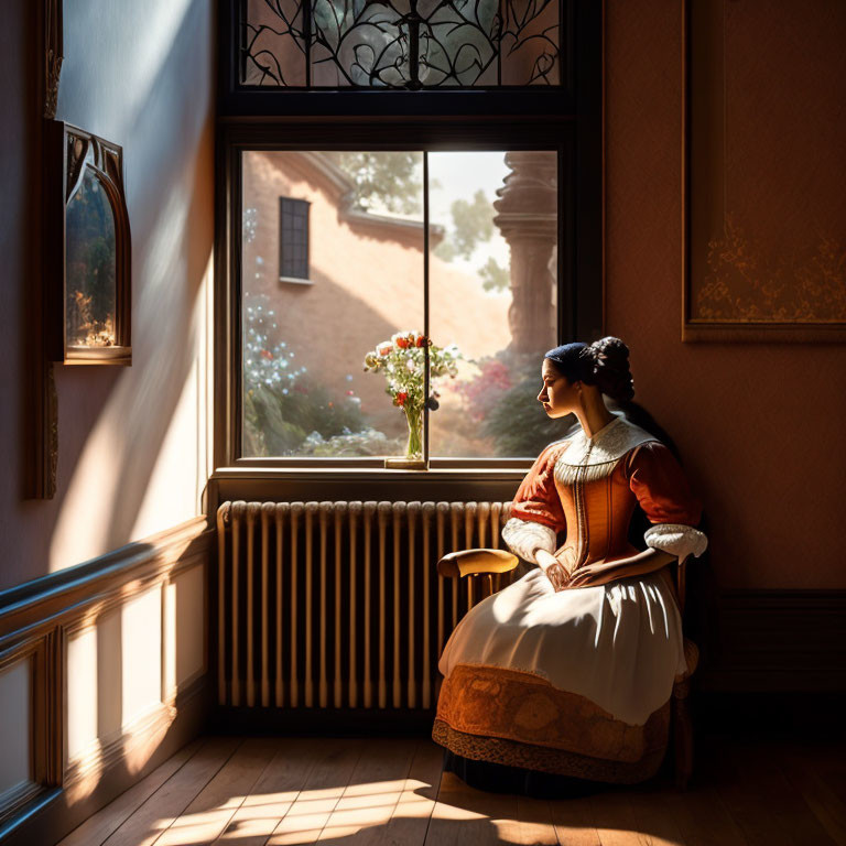 Vintage-clad woman sits by window in warm sunlight with flowers.