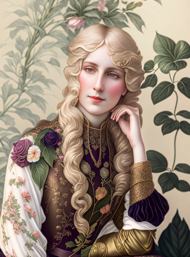 Illustrated woman with blonde hair and floral dress against leafy backdrop