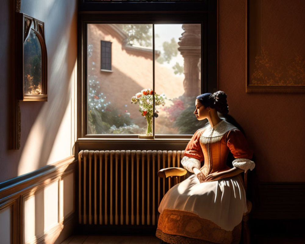 Vintage-clad woman sits by window in warm sunlight with flowers.