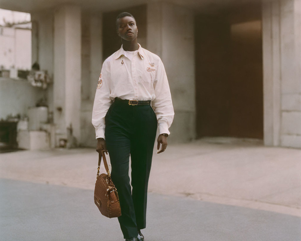 Confident person in beige shirt, black pants, and badges outdoors