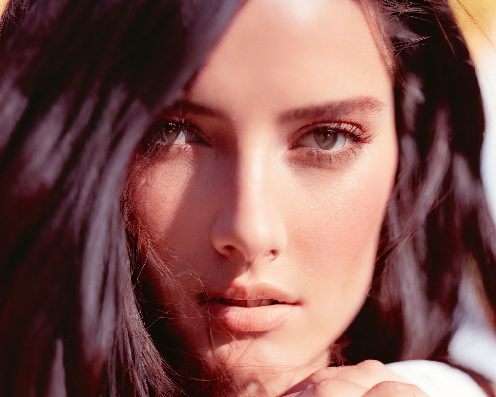 Intense dark-haired woman with strong gaze and sunlit backdrop.