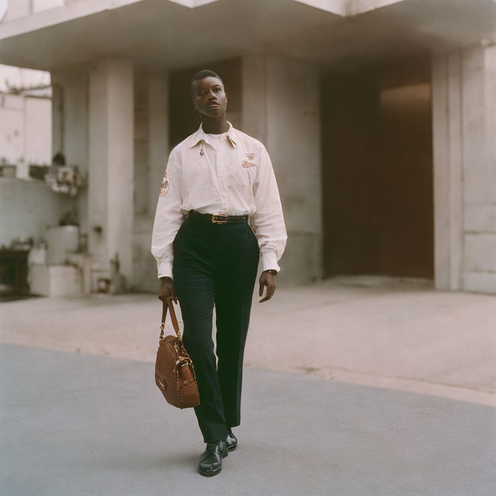 Confident person in beige shirt, black pants, and badges outdoors