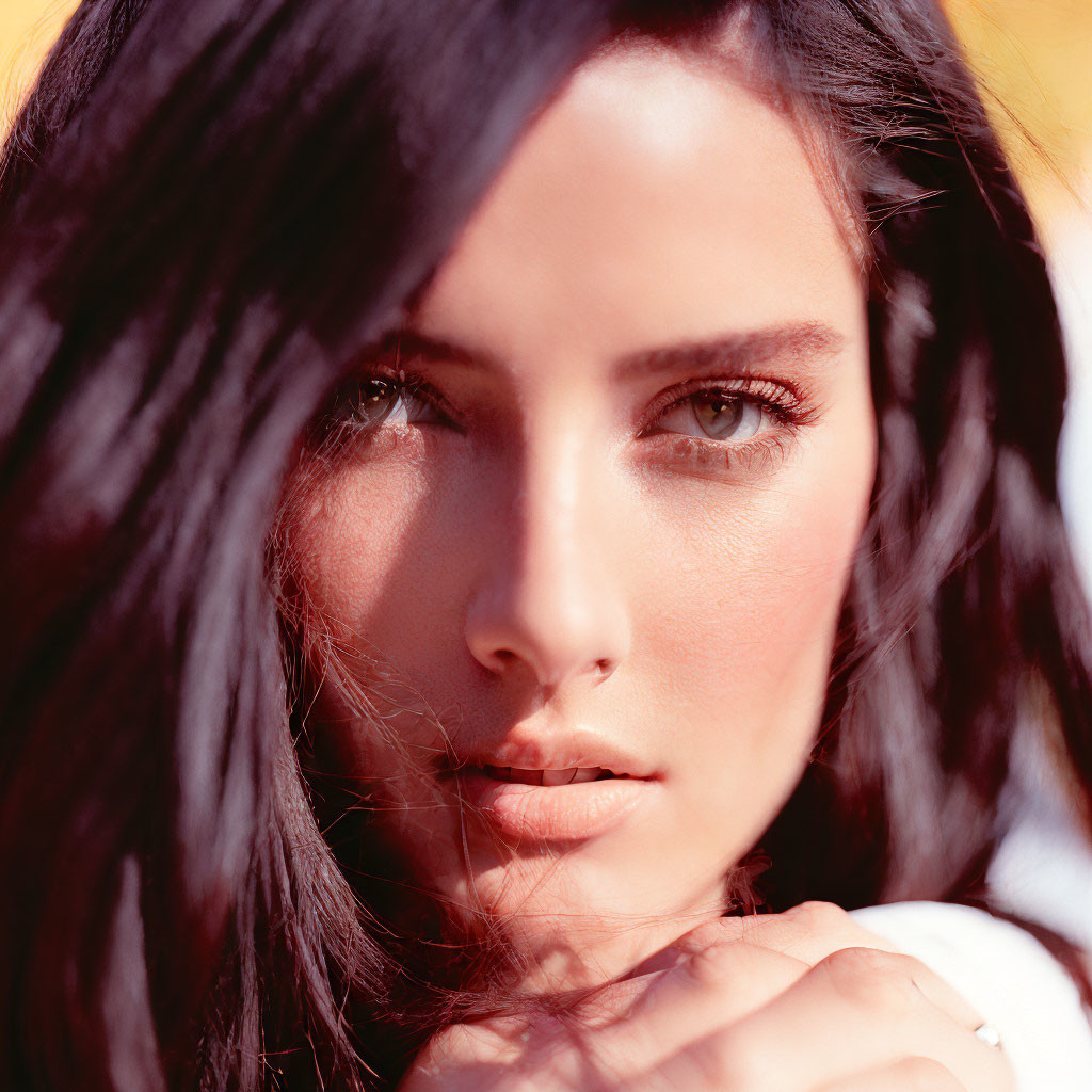 Intense dark-haired woman with strong gaze and sunlit backdrop.