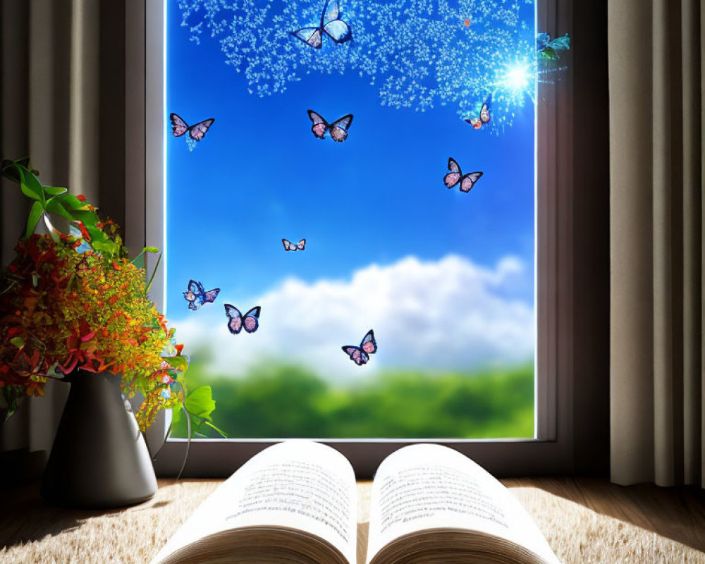 Open book on windowsill with flowers and butterflies under sunny sky