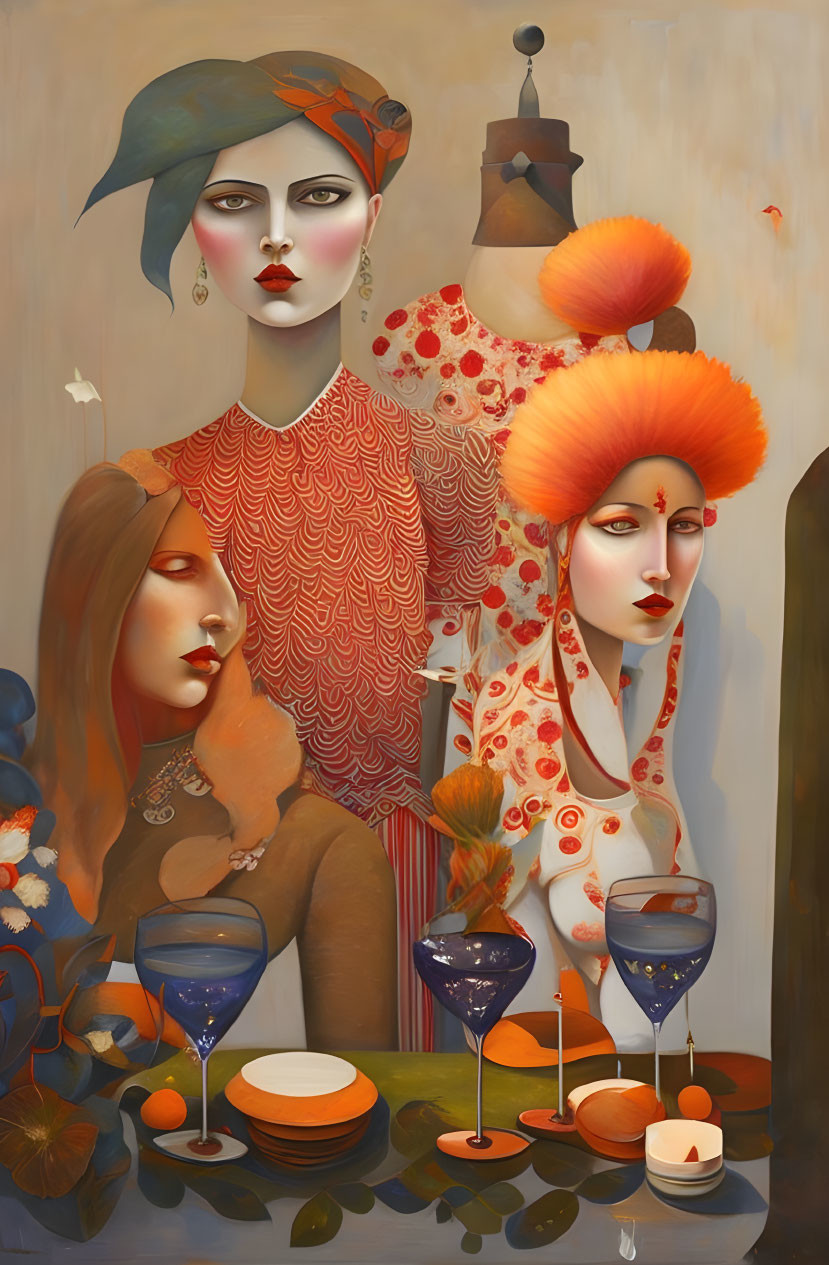 Stylized female figures with elaborate hairstyles and distinctive outfits in surreal dining scene