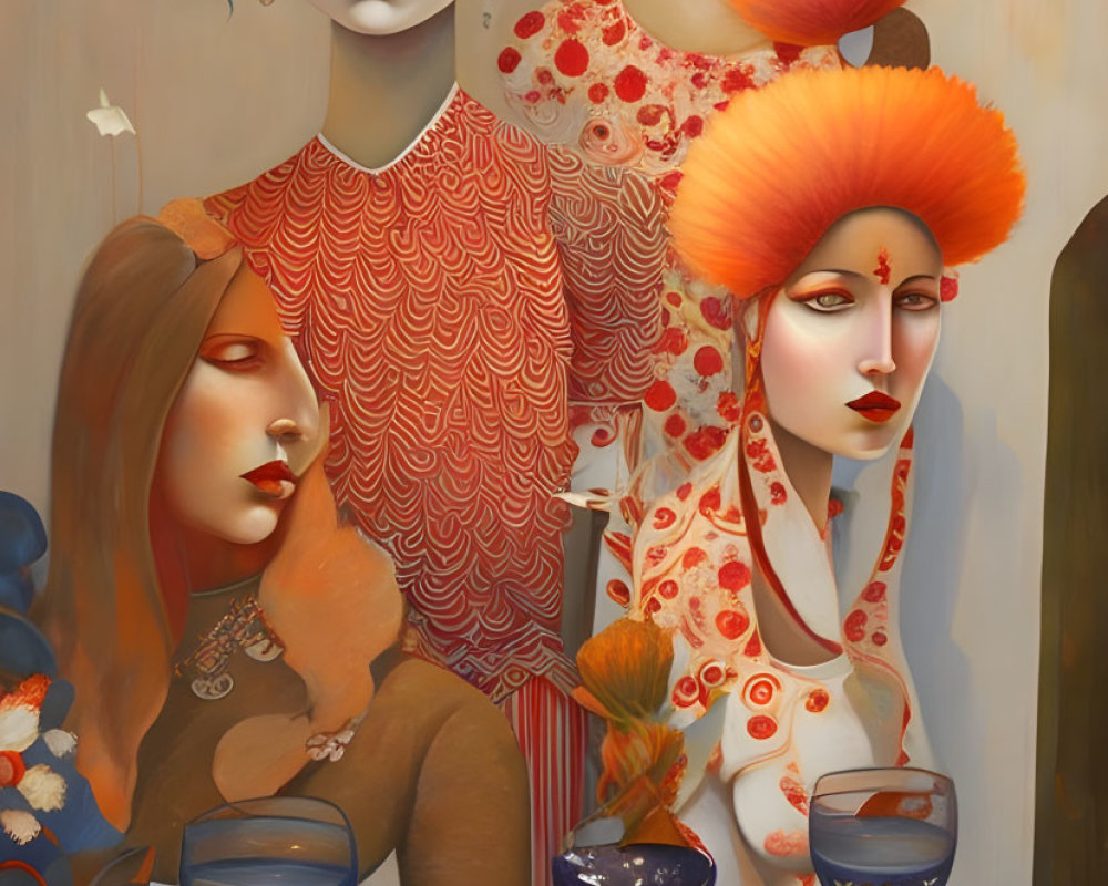 Stylized female figures with elaborate hairstyles and distinctive outfits in surreal dining scene