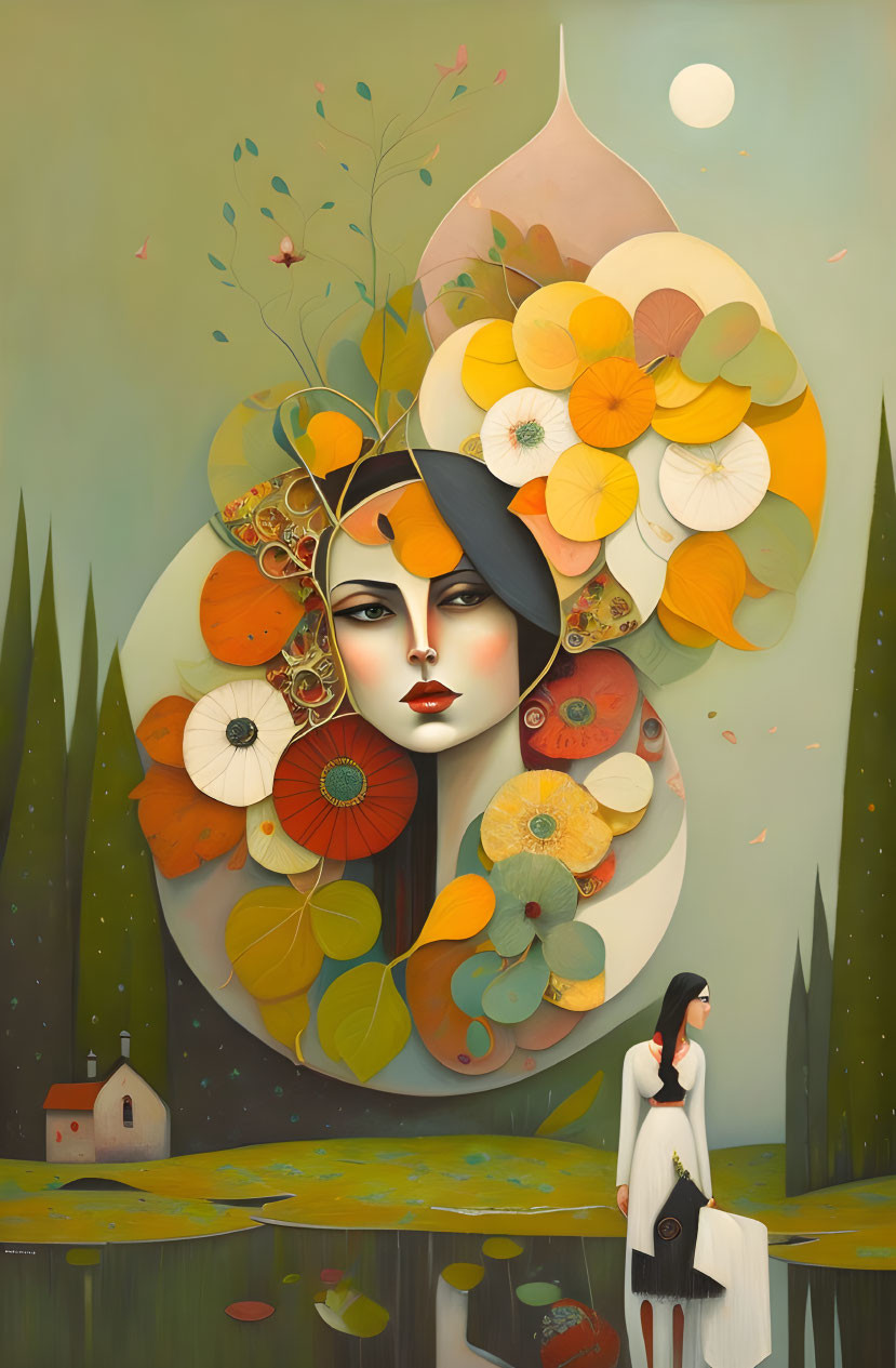 Surreal painting of woman with floral hair overseeing lakeside house