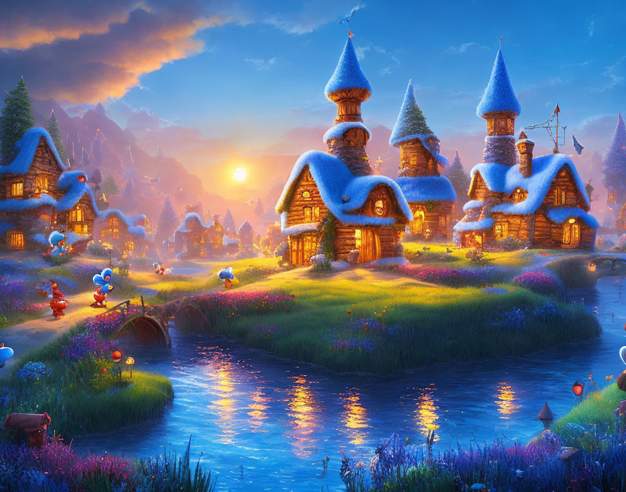 Snow-covered fantasy village with glowing houses in whimsical landscape