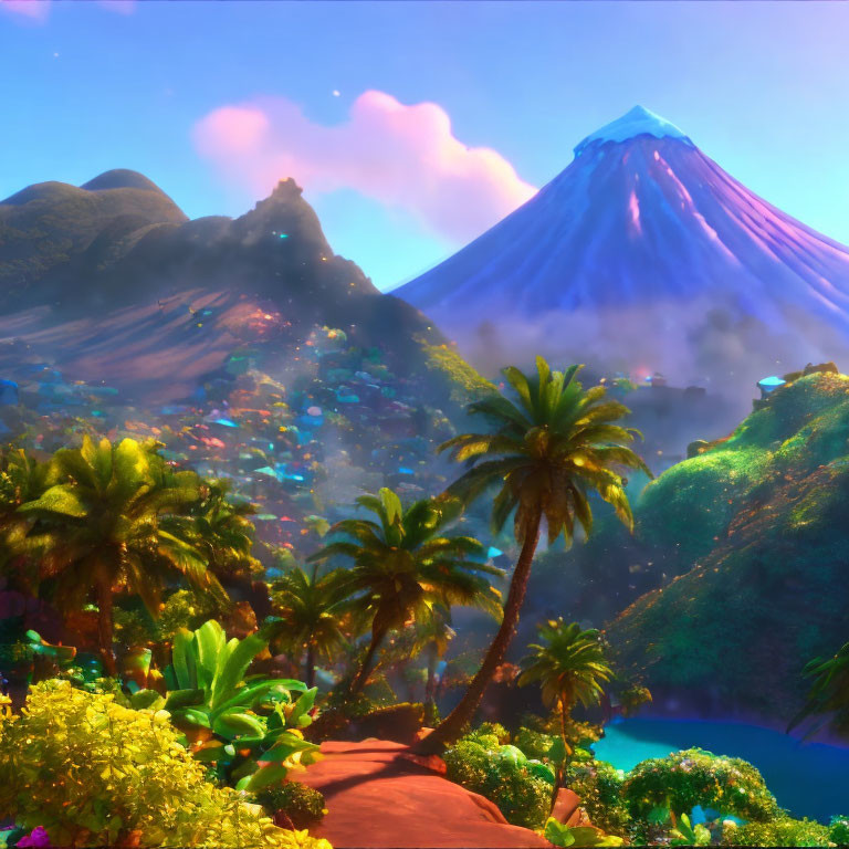 Colorful tropical landscape with palm trees, village, and volcano under pastel sky