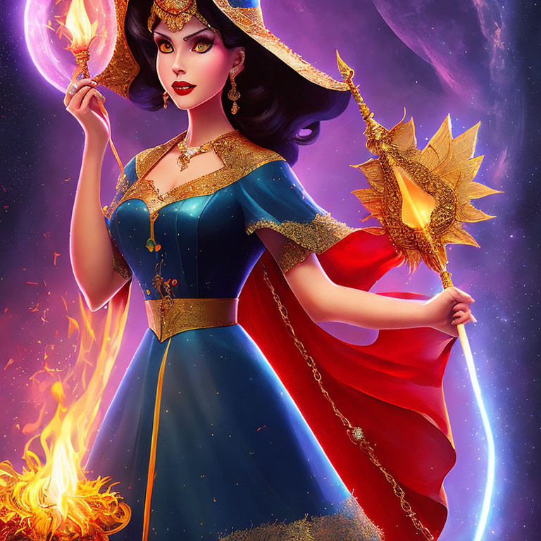 Dark-haired woman in royal blue gown with fiery torch on purple backdrop