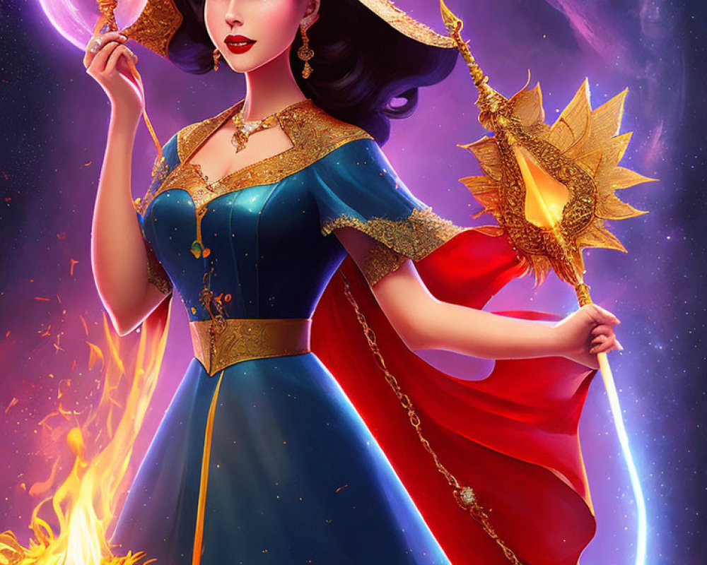 Dark-haired woman in royal blue gown with fiery torch on purple backdrop