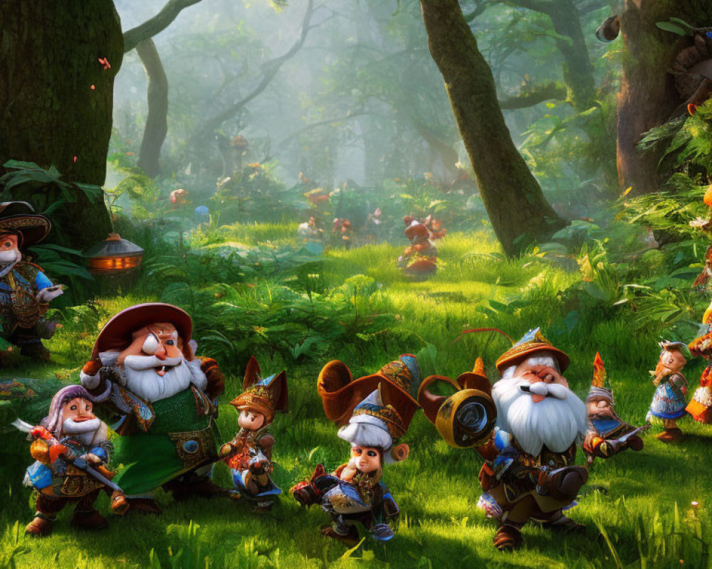 Animated gnome characters in enchanted forest with sunlight and music.