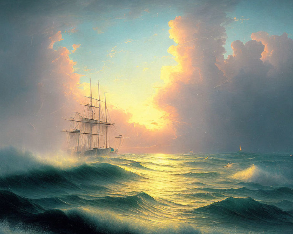 Majestic sailing ship in turbulent seas under dramatic sky