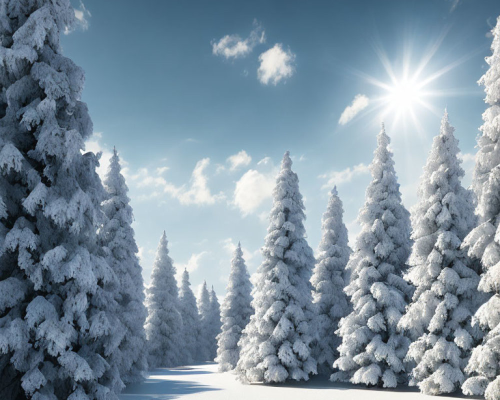 Winter scene: Evergreen trees covered in snow under clear blue skies