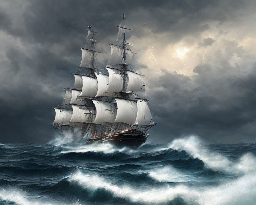 Tall ship with white sails navigating stormy seas