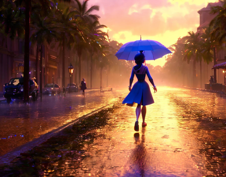 Person in Blue Dress with Blue Umbrella Walking on Wet City Street at Sunset