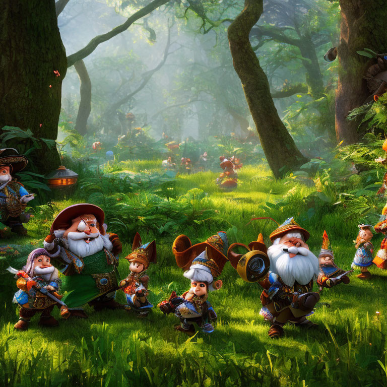 Animated gnome characters in enchanted forest with sunlight and music.