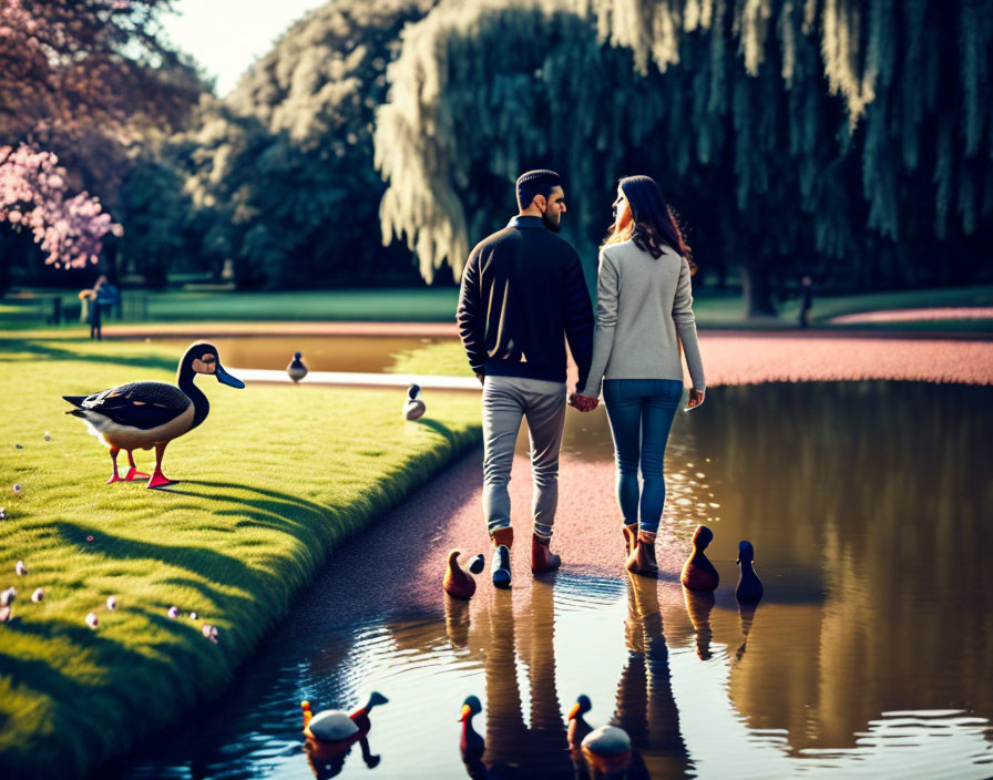 Couple Holding Hands by Pond in Serene Park Setting