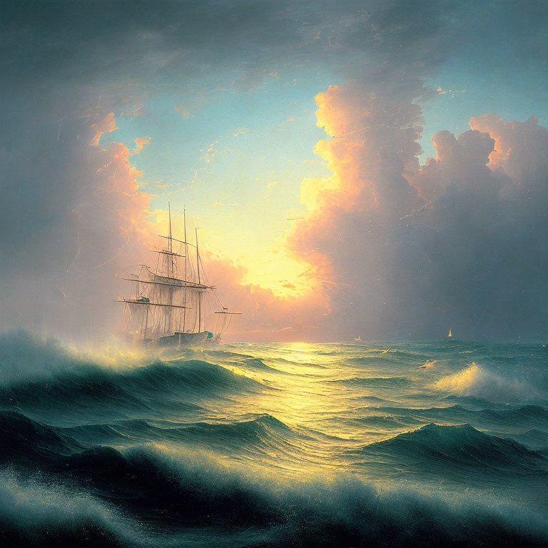 Majestic sailing ship in turbulent seas under dramatic sky