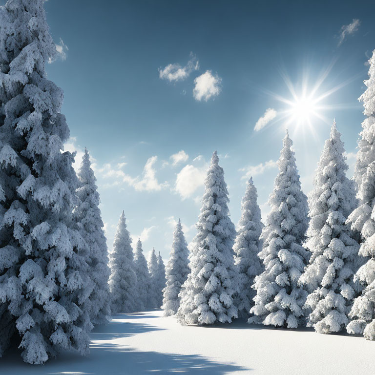 Winter scene: Evergreen trees covered in snow under clear blue skies