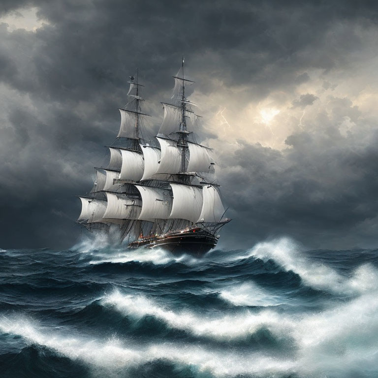 Tall ship with white sails navigating stormy seas