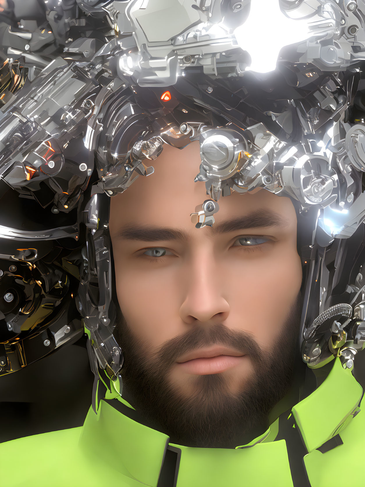 Bearded man with intense gaze wearing high-tech helmet with complex machinery